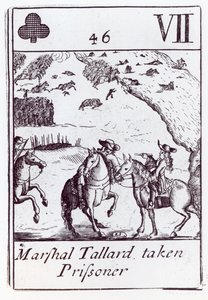 タラード元帥が捕虜、スペイン継承戦争（1702-13）を記念したセットから7つのクラブトランプを奪った 作： Robert Spofforth